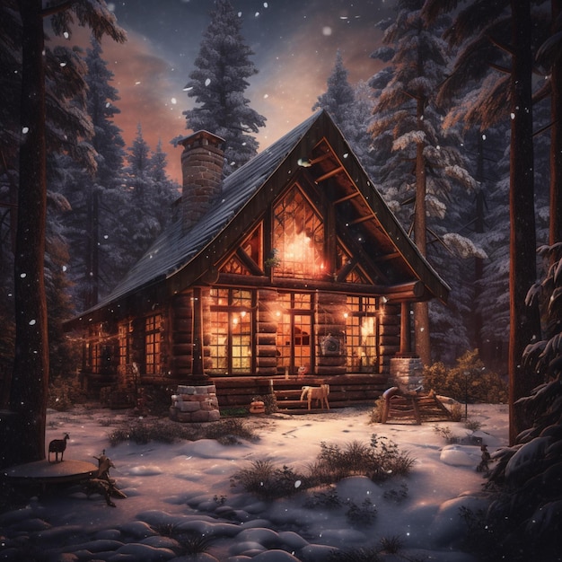Snowy cabin with a dog and a fire in the window generative ai