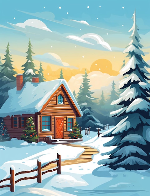 Snowy cabin with a pathway leading to a snowy tree generative ai