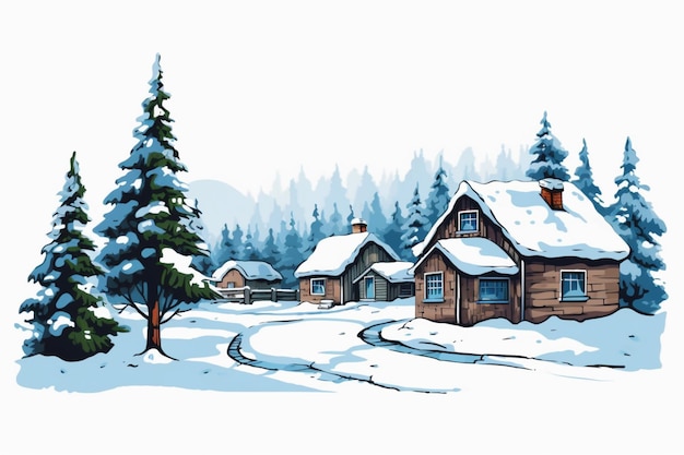 snowy cabin with trees and a path leading to it generative ai