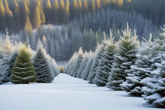 Snowy Christmas Tree Farm with Magical Forest