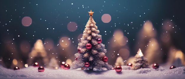 추운 겨울 밤에 마법의 보케를 만드는 축제 조명으로 빛나는 눈 덮인 크리스마스 트리 AI Generative
