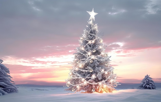 a snowy christmas tree is displayed in the snow during in the style of light gray and crimson