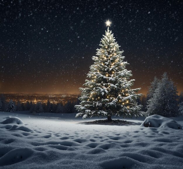 a snowy christmas tree is in the snow