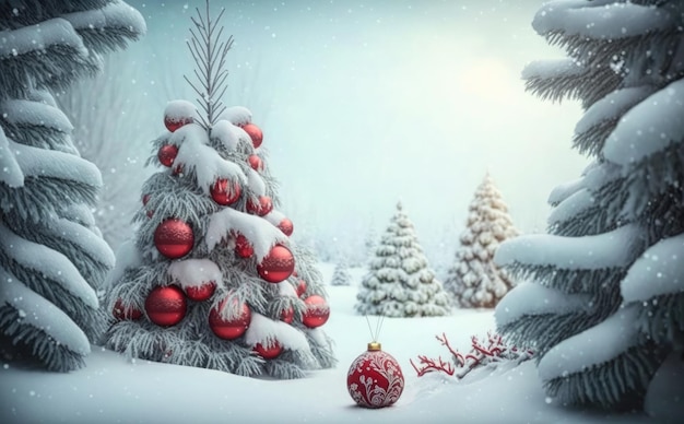 A snowy christmas tree with a red ball in the middle of it.