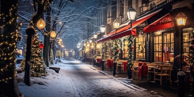 Snowy City Lights A snowy city street with holiday lights and decorations