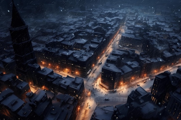 Snowy city night street Generate Ai