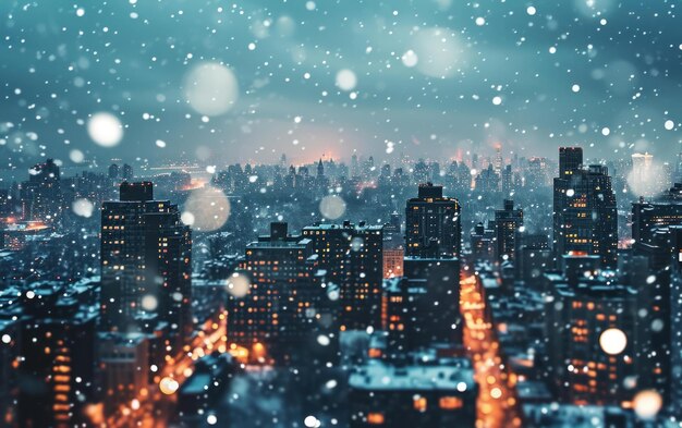 Photo a snowy cityscape with twinkling lights and a wintry atmosphere