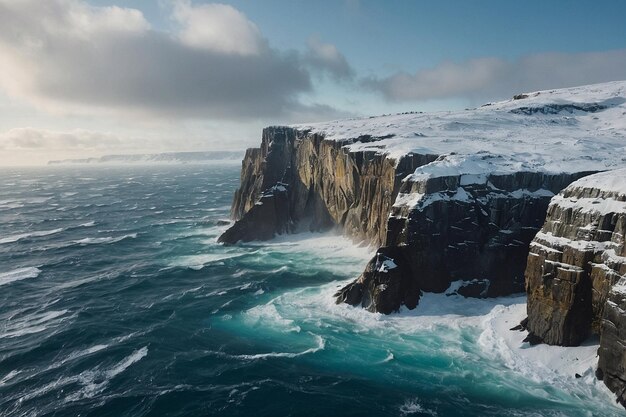 Photo snowy cliffs rising above a frigid sea