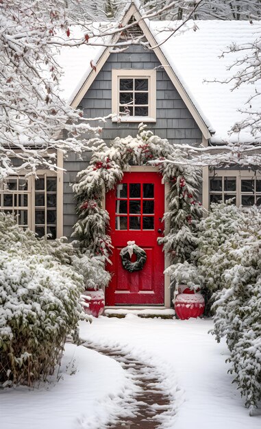 Snowy cottage with red door and Christmas wreath