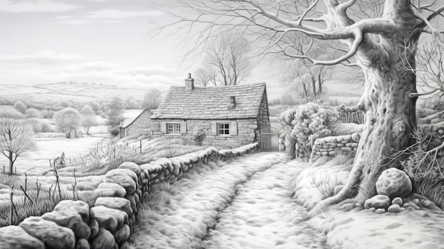 Photo snowy country road and cottage realistic fantasy artwork in pencil