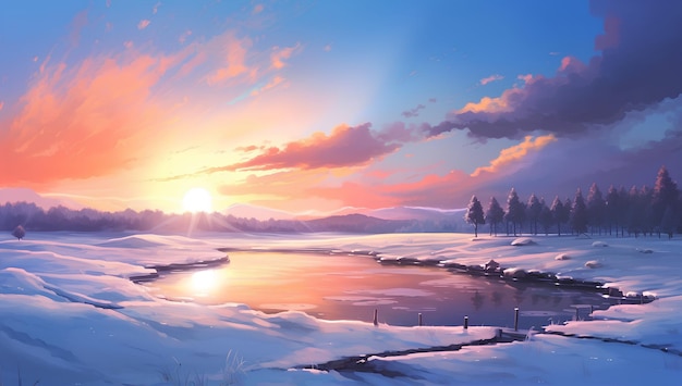 Snowy countryside landscape and sunset wallpaper