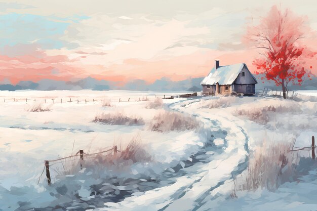 Snowy countryside winter scene backgrounds in the style of traditional