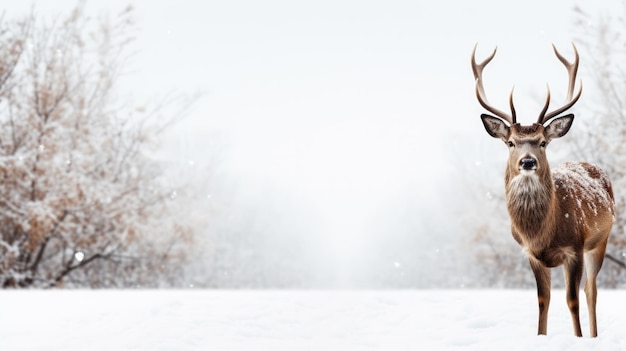 Snowy deer on snow background with empty space for text