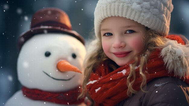 Photo snowy delight a girl her snowman and the merry christmas and new year festivities