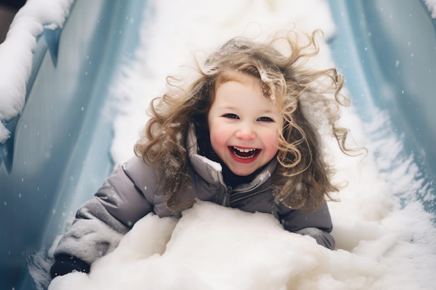 雪に覆われた喜び冬の滑り台で笑う女の子