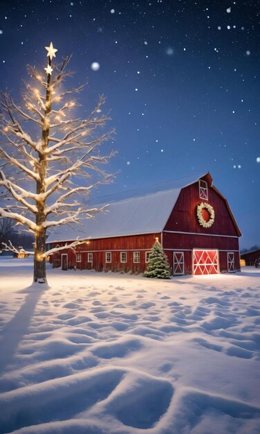 A snowy field featuring a rustic barn adorned with twinkling lights and christmas star