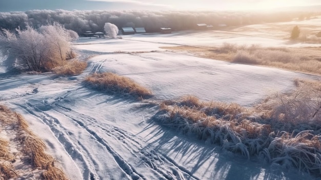 A snowy field with grass and trees Generative AI Art