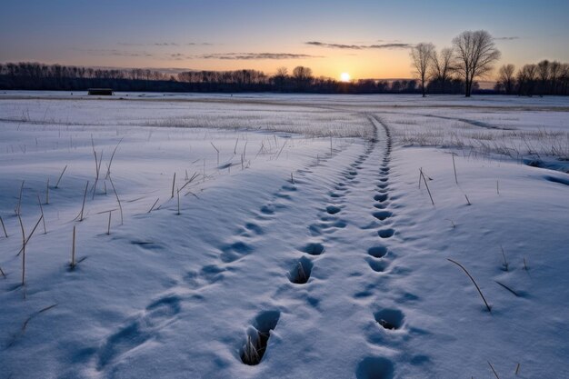 A snowy field with moonlit animal tracks created with generative ai