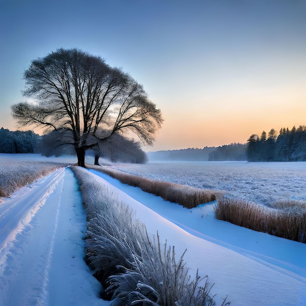 A snowy field with a tree in the foreground and a snowy field with a sunset in the background.