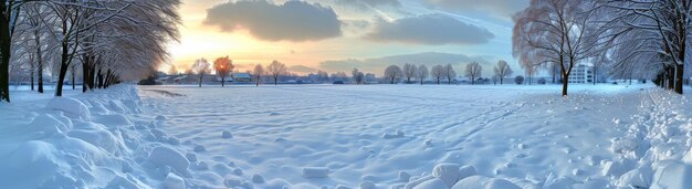 Foto un campo innevato con alberi sullo sfondo e un bellissimo tramonto nel cielo