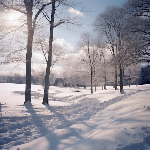 a snowy field with trees and a blue sky with the sun shining through the trees.