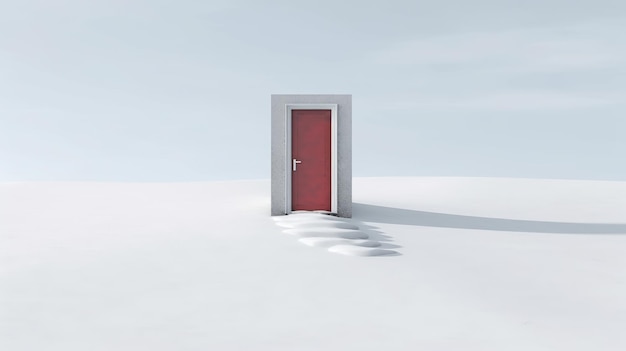 Snowy footprints leading to a minimalist winter door AI generated