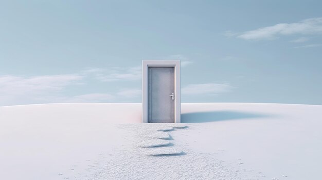 Snowy footprints leading to a minimalist winter door AI generated