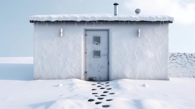 Snowy footprints leading to a minimalist winter door AI generated