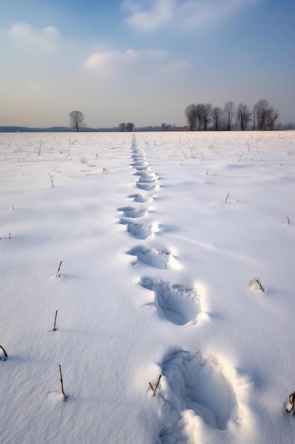 Snowy footprints on a pristine white field created with generative ai