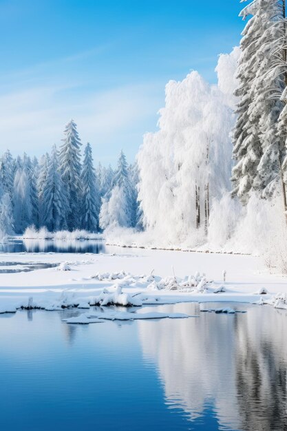 a snowy forest and a lake