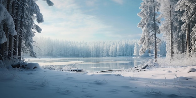 소나무와 얼어붙은 호수의 눈 인 숲 풍경 자연 조명 날카로운 초점 미세한 그레이