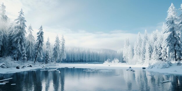 A snowy forest landscape with pine trees and a frozen lake natural lighting sharp focus fine grai