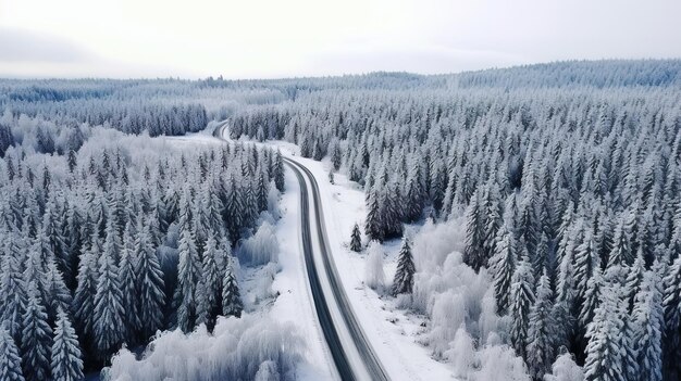 Snowy forest panoramic shot from above