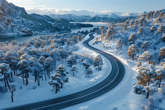 Snowy Forest Road Curving Through Trees Generative AI