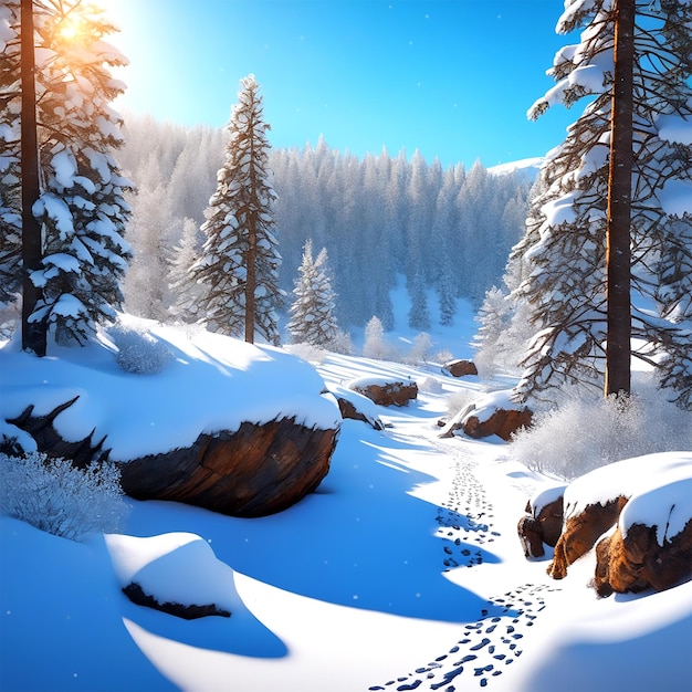 A Snowy Forest Scene With Animal Tracks In The Snow