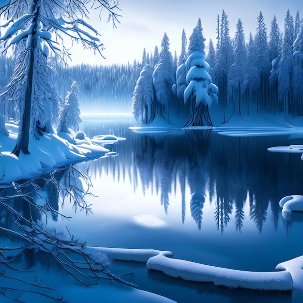 a snowy forest scene with a river and trees in the background.