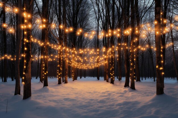 Foto foresta innevata al tramonto