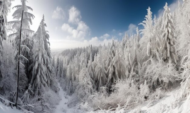 A snowy forest with a blue sky and clouds