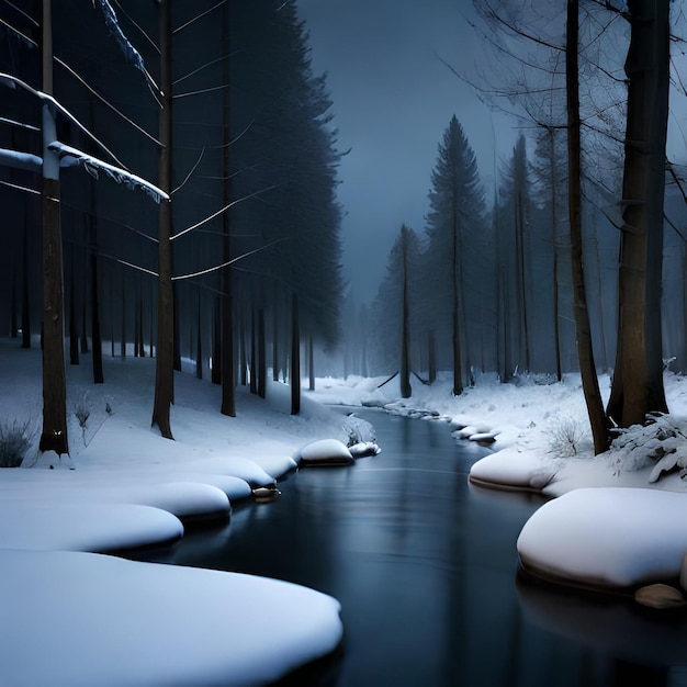 A snowy forest with a river and trees covered in snow.