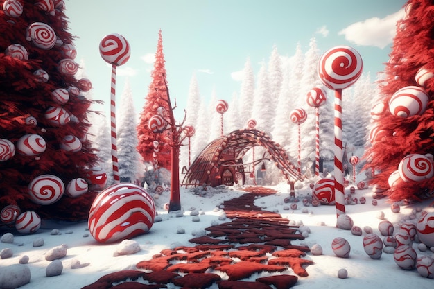 Photo a snowy forest with a road and a red and white lollipops.