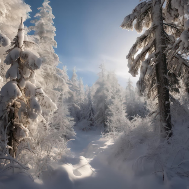 a snowy forest with snow covered trees and a blue sky