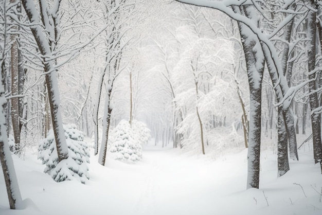 A snowy forest with snowy trees representing the beauty and serenity of nature