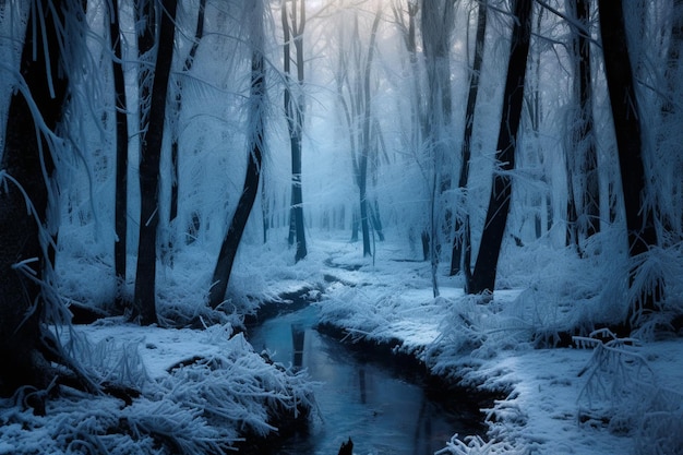 snowy forest with a stream running through it and trees in the background generative ai