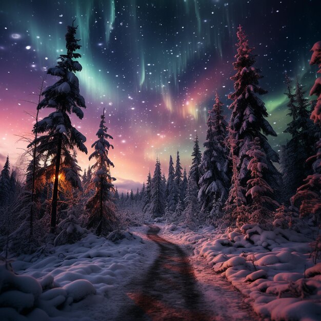 Photo snowy forest with a stream of water and a bright aurora light generative ai