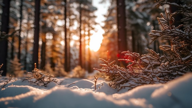 A snowy forest with a tree in the foreground and the sun shining through the snow.