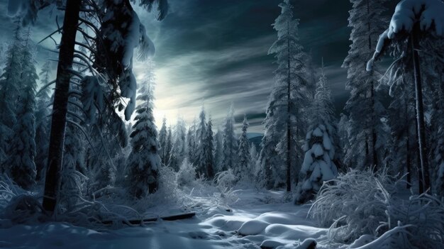 a snowy forest with trees and a cloudy sky