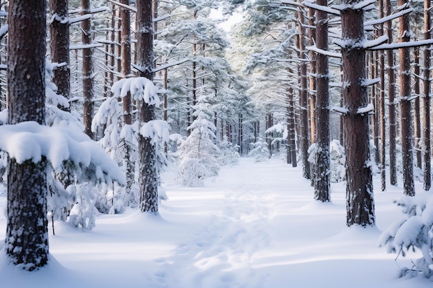 Snowy forest with trees covered in snow Generative Ai