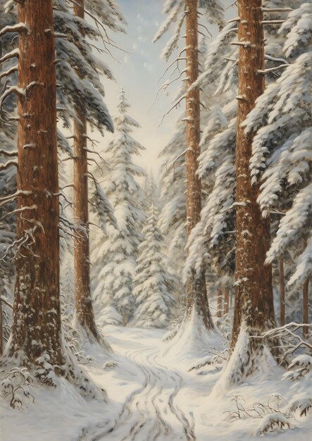 A snowy forest with trees and a path