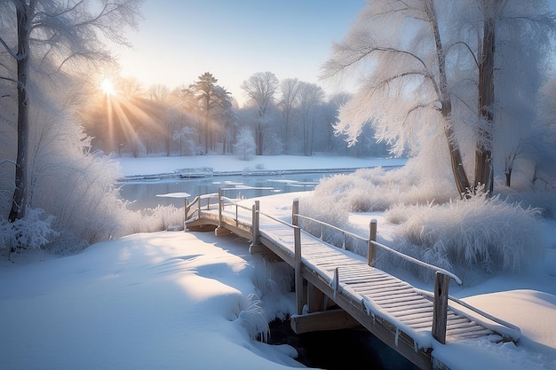 A snowy frosty winter walking bridge