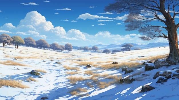 Photo snowy glen landscape wallpaper in studio ghibli style